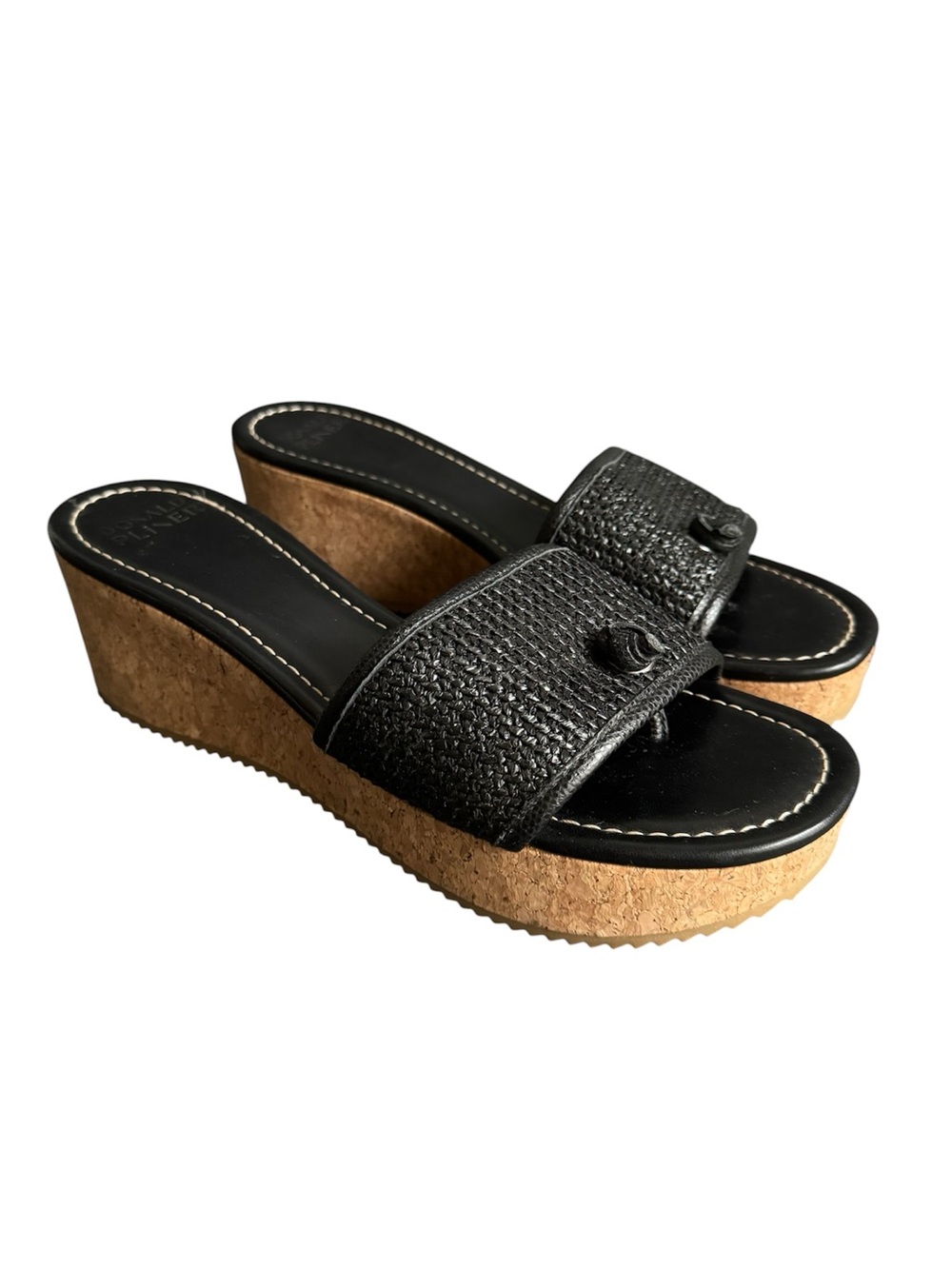 Donald Pliner Wedge Sandals Sillir Black Raffia Cork Platforms Womens 9.5 EUC